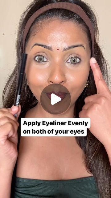 Dipti Kenekar on Instagram: "Try this to apply Identical eyeliner on both eyes✌🏾 Follow me @diptisenthil for easy makeup tips✨  @nyxcosmetics epic liner  . . . . . . #ultabeauty #brownskingirls #makeupforbrownwomen #nycblogger #newyorkmakeupartist #makeuphacks #indianmakeupartist #makeuptutorial #indianwedding #brownskinlipstick #njmakeupartist #kareenakapoor #makeuptransformation #brownskinmakeup #bollywood #glow" Eye Makeup With Kajal And Liner, Indian Eyeliner Look, Easiest Way To Do Winged Eyeliner, How To Apply Eyeliner To Waterline, Eyeliner Tips And Tricks, Inner Eye Highlight, Eyeliner Hacks For Beginners, How To Wear Eyeliner, Eyeliner Under Eye