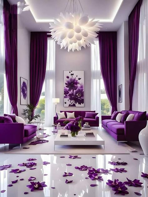 Purple And White Living Room, Purple Living Room Furniture, Purple Living Room, Purple Home Decor, Luxury Living Room Decor, Home Decor Colors, Dining Room Interiors, Living Room Trends, Purple Home