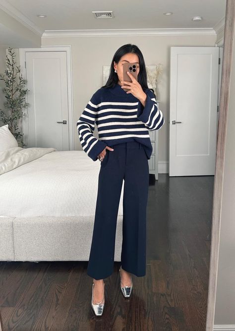 fall to winter 2023 holiday work outfit // office outfits with navy pants + striped sweater Navy Sweater Outfit, Navy Blue Pants Outfit, Navy Pants Outfit, Lady Day Coat, Winter Office Outfit, Blue Pants Outfit, Striped Sweater Outfit, Orb Earrings, Pants Outfit Work