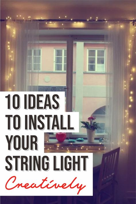 Led Lights Around Window Frame, Fairy Lights Around Curtain Rod, Farmhouse String Lights Living Room, Living Room White Curtains Ideas, Hanging String Lights In Bedroom, White Light Decorating Ideas, Decorative Lights Ideas, Curtain Lights Bedroom Ideas Hanging, String Lights Dining Room