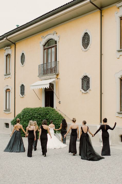 black bridesmaid dresses Vogue Wedding Bridesmaid, Editorial Bridesmaids Photos, Bridesmaid Dresses Mismatched Black, Black Bridesmaid Dresses Aesthetic, Unique Black Bridesmaid Dresses, Old Money Bridesmaid Dresses, Black Mismatched Bridesmaid Dresses, Mismatched Black Bridesmaid Dresses, Black Bridesmaid Dresses Spring