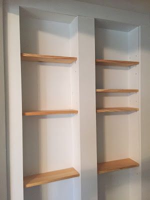 between-the-studs storage - how we constructed a small but essential pantry Shelves In Wall Studs, Between The Studs Bookcase, Pantry In Wall Studs, Small Wall Storage, Bookcase Between Studs, Shelves In Between Studs, Shelves Inbetween Studs, Recessed Shelves Between Studs, Between The Studs Pantry