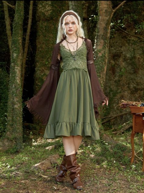 Faerie Inspired Outfit, Pixie Outfit Aesthetic, Fairycore Green Outfit, Elven Core Outfits, Forest Elf Aesthetic Outfit, Moss Fairy Outfit, Fairycore Clothing Aesthetic, Cute Nature Outfits, Fantasy Cottagecore Outfits