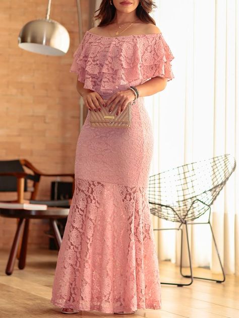 Trending Prom Dresses, Lace Dress Pattern, Lace Dresses For Women, Off Shoulder Lace Dress, Fishtail Maxi Dress, Pink Lace Dress, Lace Gown Styles, Lace Dress Styles, African Wear Dresses