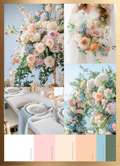 These delicate hues—such as blossom pink, peach, champagne peach, blue hydrangea and white—can be incorporated into every aspect of the wedding decor. Pastel table settings, with elegant glassware, delicate napkins, and soft-colored candles, add a touch of sophistication. Unique Wedding Palette Color Combinations, June Color Palette Wedding Ideas, Wedding June Colors, Easter Wedding Theme, Spring And Summer Wedding Colors, Dreamy Wedding Theme Color Palettes, Wedding Ideas Spring Colors, Summer Wedding Colors Pastel, Soft Pastel Wedding Theme