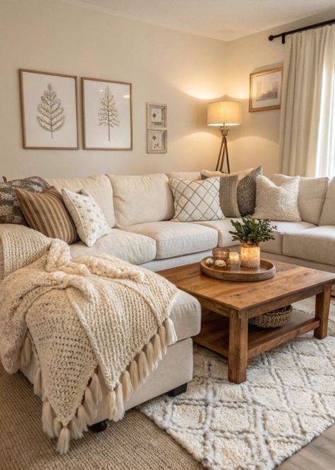 Boho Simple Living Room, Living Room Update On A Budget, Cute Boho Apartment Ideas, Apartment Neutral Decor, Living Room Makeover Before And After, Cosy Beige Living Room, Light Brown Sectional Living Room, Home Decor Ideas Small Living Room, Cute Cozy Living Room