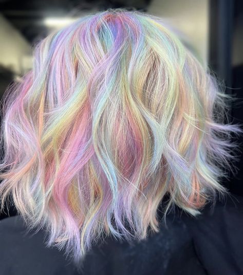 Coloured Hair Pastel, White Hair With Rainbow Highlights, Pastel Vivid Hair Color, Bubble Technique Hair Color, Blonde And Vivid Hair Color, Short Pastel Hair, Creative Color Hair, Pastel Hair Dye, Pastel Hair Color Ideas