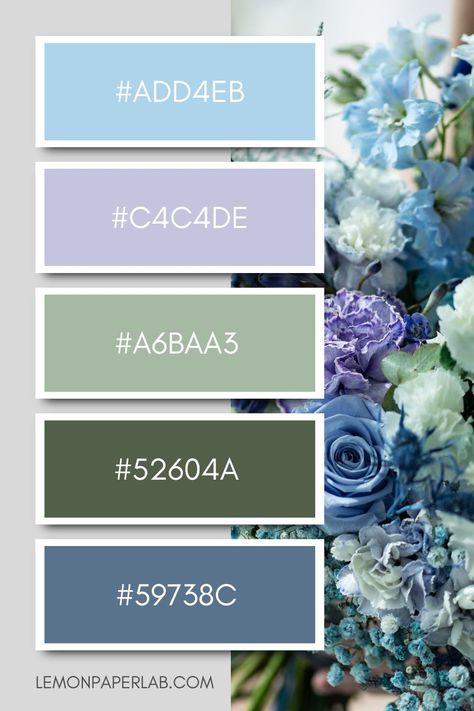 Sky Blue, Lilac Purple, Sage Mist, Olive Slate, and Blue Color Palette Periwinkle And Olive Green, Blue Green Purple Colour Palette, Purple Blue White Color Palette, Sky Blue Color Scheme, Wedding Color Palette With Purple, Blue Grey Purple Color Palette, Colors That Compliment Mint Green, Navy Blue Sage Green Lavender Wedding, Sage And Periwinkle Wedding