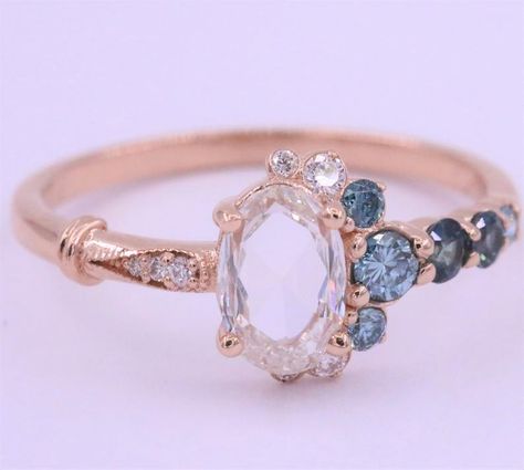 Rose Cut Oval Diamond Cluster Ring Vintage Inspired | Etsy Vintage Cluster Ring, Crescent Ring, Vintage Inspired Engagement Rings, Montana Sapphire Ring, The Bling Ring, Green Sapphire Ring, Moon Crescent, Diamond Cluster Engagement Ring, Unique Engagement Ring