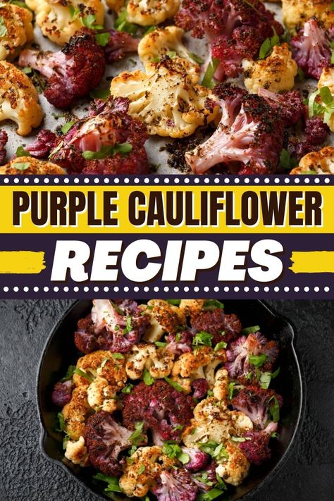 Purple Cauliflower Salad, Multi Colored Cauliflower Recipes, Roasted Purple Cauliflower, Colorful Cauliflower Recipes, Purple Cauliflower Recipe Side Dishes, Purple Califlour, Califlower Recipes Purple, Colored Cauliflower Recipes, Rainbow Cauliflower Recipe