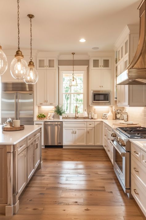 Kitchen Remodel With Tall Ceilings, Classy Farmhouse Kitchen, Finished Kitchen Ideas, Cozy House Kitchen Ideas, Kitchen With Backdoor, Warm Homey Kitchen, White And Light Wood Interior, Country French Interior Design, Trendy Home Interior Design