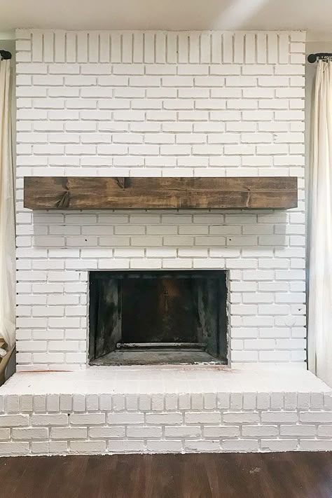 White Fireplace Beige Walls, Diy White Brick Fireplace, Off White Fireplace Brick, Mantle On White Brick Fireplace, Diy Paint Brick Fireplace, Diy Farmhouse Fireplace Mantle, White Painted Brick Fireplace With Tv, Redo A Brick Fireplace, Painting A Brick Fireplace White