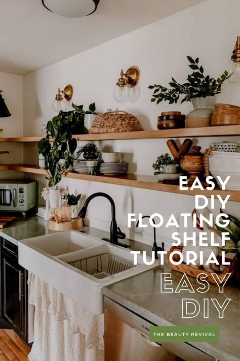 How To Diy Floating Shelves, Floating Shelves Above Kitchen Sink, Floating Shelves Kitchen Diy, Shelves Above Kitchen Sink, Diy Floating Shelves Kitchen, Cheap Floating Shelves, Floating Shelf Kitchen, Home Gel Nails, Floating Kitchen Shelves