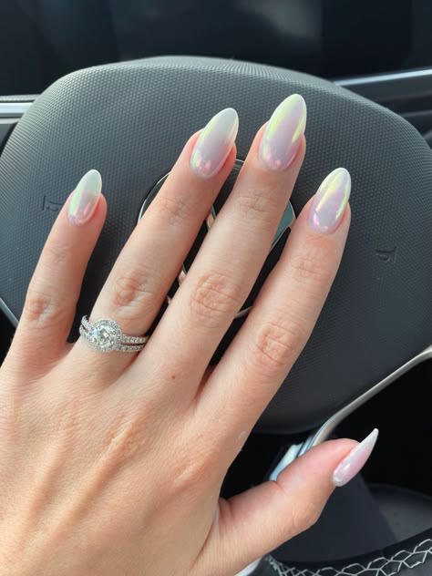 White Nails Glazed Donut, White Nails Glazed, Glazed Donut Nails 2023, Dip And Powder Nails, Dip Hailey Bieber Nails, White Oval Nails With Glitter, White Acyrilics Nails Almond, White Tip Powder Dip Nails, Classy Spring Nails Almond White