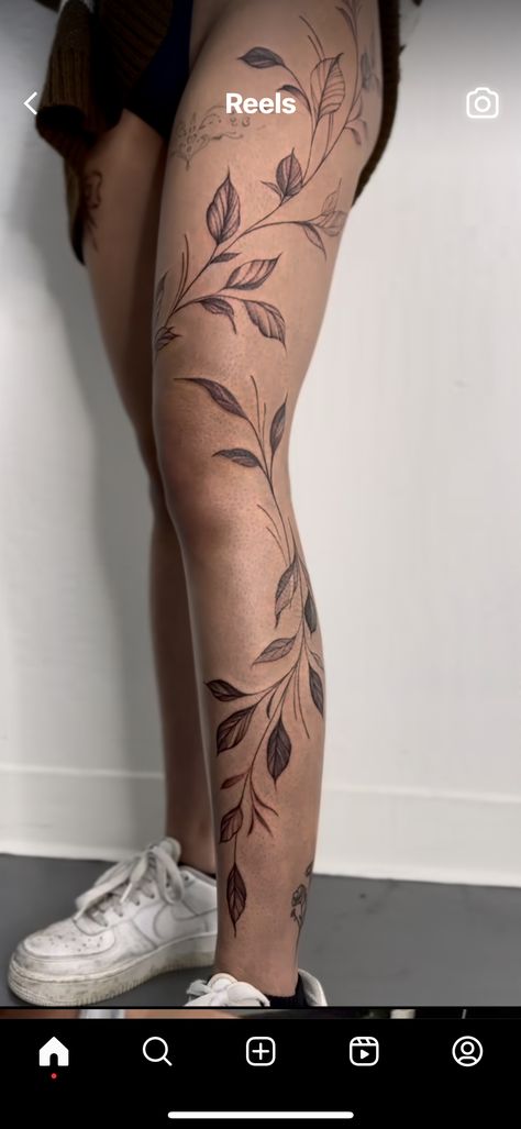 Thigh Leaf Tattoos Women, Bohemian Leg Tattoo, Leaves Leg Sleeve, Torso Flower Tattoo, Long Leg Tattoo Design, Outline Leg Tattoos Women, Leaves Leg Tattoos Women, Plant Tattoos On Leg, Vines Up The Leg Tattoo