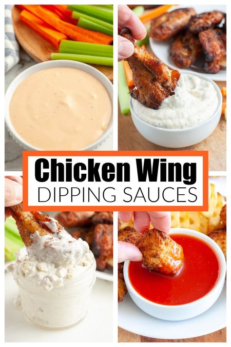 A collection of flavorful chicken wing dipping sauces. These sauces are made with simple ingredients and are the perfect dipping sauces for wings. Sauce To Dip Chicken In, Chicken Dipping Sauce Recipes Simple, Chicken Wings Dips, Best Chicken Dipping Sauce, Sauces For Chicken Wings Dipping, Chicken Wings Dipping Sauce Recipes, Wings Dipping Sauce Recipe, Ranch Dip For Wings, Chicken Wings Dip