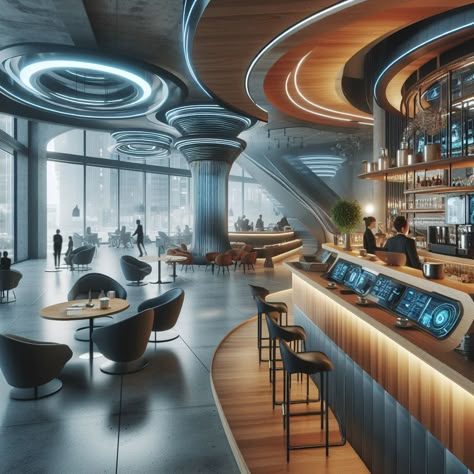 Search Sci Fi Coffee Shop, Futuristic Coffee Shop, Futuristic Cafe, Futuristic Restaurant, Gaming Cafe, Dream Company, Ville Cyberpunk, Cafeteria Design, Future Technology Concept