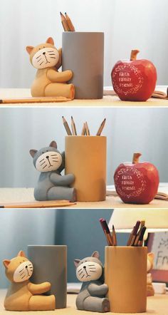 Cat Bamboo Pen & Pencil Holder Desk Organizer Polymer Clay Pencil Holder, Polymer Clay Pen Holder, Clay Pen Holder, Clay Pencil Holder, Diy Stationery Holder, Pencil Holder Craft, Pencil Holder Diy, Cute Pencil Holder, Ceramic Pencil Holder