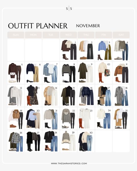 November Outfits 2024, Monthly Outfit Planner, November Outfits Fall, Weekly Outfit Planner, Closet Minimalista, Outfit Calendar, Autumn Color Palette Fashion, January Outfits, Clothes Capsule Wardrobe