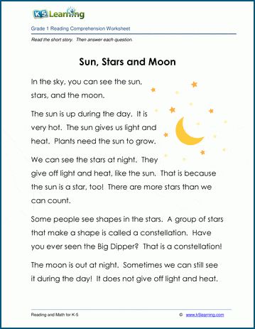 Children's non-fiction text and exercises: "Sun, Stars and Moon". 120 words. Our children's stories and reading comprehension worksheets provide reading practice for elementary school kids. Free from K5 Learning; no login required. Fiction Stories For Kids, Funny Texts Pranks, Story For Grade 1, Phonics Reading Passages, Poems For Boys, Grade 1 Reading, Moon For Kids, English Stories For Kids, Texts Pranks