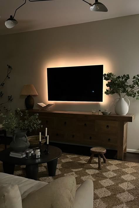 Tv With Led Lights Behind, Deco Tv, Tv 65, Bedroom Tv Wall, Led Lighting Bedroom, Dream Apartment Decor, Tv Led, Room Makeover Inspiration, Apartment Inspiration