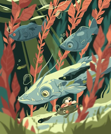 Underwater Illustration Anime, Underwater Plants Illustration, Lake Fish Drawing, Under Water Illustrations, Deep Sea Illustration, Underwater Illustration Art, Ocean Illustration Underwater, Underwater Comic, Sealife Illustrations