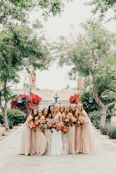 Colorful and Classy Palm Springs Wedding at The Bougainvillea Estate | Junebug Weddings Classy Spring Wedding, Neutral Wedding Party With Bright Flowers, Palm Springs Wedding Bridesmaids, Bridal Party Bright Flowers, Palm Springs Wedding Flowers, Flora Bridal, Palm Springs Wedding Photography, Hot Pink Weddings, Neutral Wedding Colors