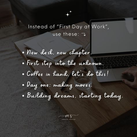 instead of “First day at work” use these: 🥰 #work #firstday #workworkwork #workhard #workfromhome #quotes #quotesoftheday #caption #notes #instagramtips #randomthoughts #fyp #margesn #smm First Day At Work Quotes, Office Captions, First Day At Work, First Day Of Work, Chapter One, Instagram Tips, New Chapter, First Step, First Day