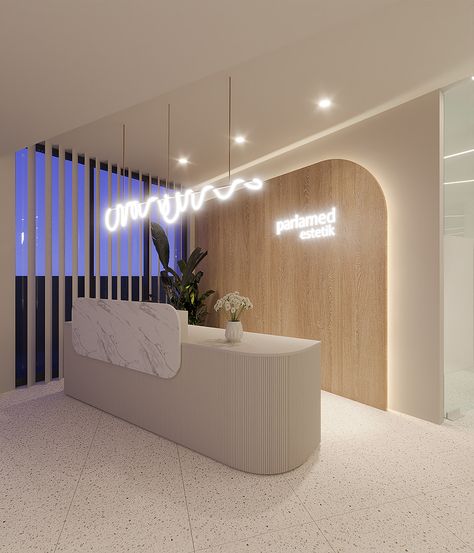 Aesthetic Clinic Design on Behance Spa Reception Area Waiting Rooms, Clinic Waiting Area Design, Dental Clinic Waiting Area, Reception Waiting Area Interior Design, Reception Area Design Waiting Rooms, Clinic Reception Design, Spa Reception Design, Aesthetic Clinic Design, Clinic Waiting Area