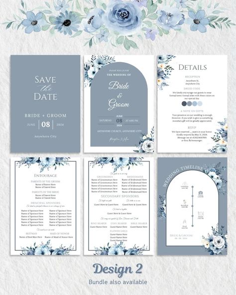 Tying the knot? 💍 Celebrate your love story with our dusty blue invitation. Purchase our Dusty Blue Wedding Invitation Template today and add more elegance to your special day! ✨ Pages Include: -Save the Date -Front (Invitation) -Entourage -Details -Wedding Timeline Bundle also available. Includes: -Invitation template (6 pages) -Proposal Card Template for Bridesmaid, Groomsmen, Principal Sponsors, maid of Honor, Best Man -Table Numbers -Money envelope (2 designs) -Thank you tags (3designs... Best Men Invitation, Wedding Invitation Bridesmaid, Canvas Invitation Weddings, Entourage Invitation Sample, Sample Invitation Wedding, Dusty Blue Wedding Invitations Elegant, Principal Sponsor Proposal Card, Reception Wedding Invitations, Dusty Blue Wedding Invitations Template