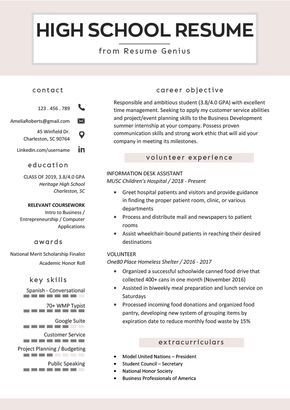 High School Student Resume Sample & Writing Tips | Resume Genius Resume For College Application, Resume Template For High School Students, High School Resume For College, High School Resume Examples, Resume Template For Students, High School Portfolio Ideas, Resume Examples For High School Students, Resume For First Time Job, Highschool Resume