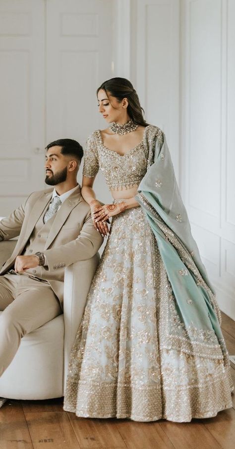 Lehnga Designs Engagement, Lehenga And Suit Couple, Reception Couple Outfit, Indian Couple Engagement Outfit, Sabiya Sachi Lehenga, Couple Outfits Matching For Wedding, Engagement Lengha For Bride, Reception Lehangas Ideas, Matching Traditional Outfits For Couples