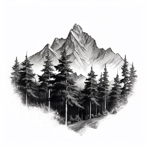 Tattoo Of Mountains And Trees, Tattoo With Trees And Mountains, Fine Line Mountain And Trees Tattoo, Mountain And Trees Drawing, Mountains Trees Tattoo, Tattoos Mountains And Trees, Tree And Lake Tattoo, Mountain Background Tattoo, Mountain Trees Drawing