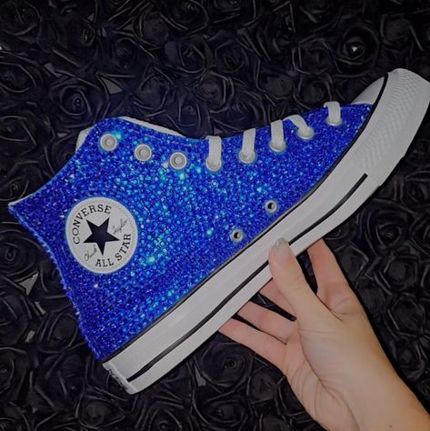 Blue Rhinestone Shoes, Royal Blue Quince Shoes, Blue Quinceanera Shoes, Bejeweled Sneakers, Quinceanera Shoes Heels, Xv Shoes, Bedazzle Shoes, Converse Shoes Blue, Bling Converse Shoes