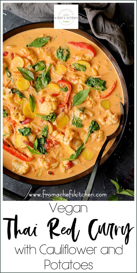 Vegan Thai Red Curry with Cauliflower and Potatoes is spicy and delicious with a side of healthy!  It's the perfect veggie-packed meal to warm you up on a chilly fall night you won't feel guilty about!  #vegan #vegetarian #thai #thaicurry #curry #cauliflower #potatoes Vegan Thai Red Curry, Thai Vegan, Vegetarian Thai, Fasting Recipes, Vegan Curry Recipes, Red Thai, Rice Recipes For Dinner, Plant Based Dinner, Fall Night