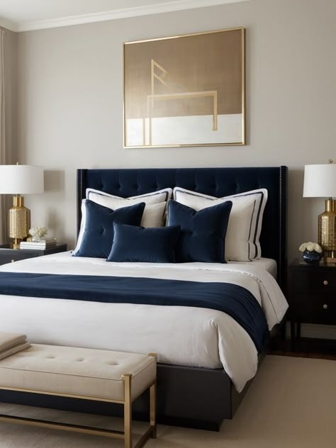 Achieve a modern and elegant look by incorporating navy artwork as the focal point of your bedroom. Pair it with a sleek and minimalist bed frame, and add metallic accents for a touch of sophistication. Incorporate a touch of opulence into your bedroom with a navy velvet headboard, complemented by gold accents such as lamps and decorative pillows. Creative Room Decor Ideas, Navy Bedroom Ideas, Modern Guest Bedroom Ideas, Creative Room Decor, Blue And Gold Bedroom, How To Mix Colors, Modern Guest Bedroom, Navy Bedroom, Navy Bedrooms