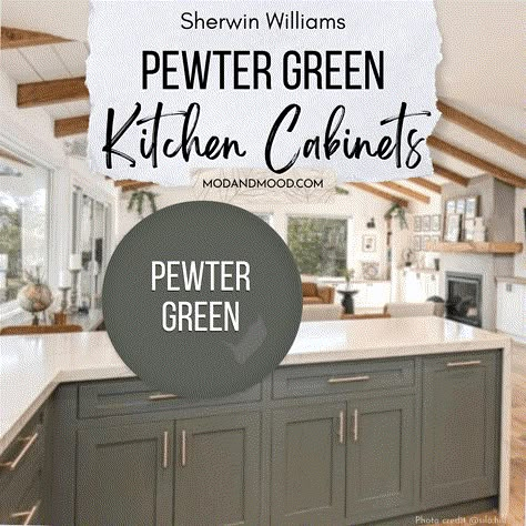 You might have already seen a thing or two about Sherwin Williams Pewter Green, but it's time to talk cabinets specifically! I happen to think Pewter Green is Pewter Green Kitchen Cabinets, Pewter Green Kitchen, Kitchen With Color, Cabinet Color Ideas, Olive Green Kitchen, Greige Kitchen, Kitchen Cabinet Color, Green Kitchen Island, Pewter Green