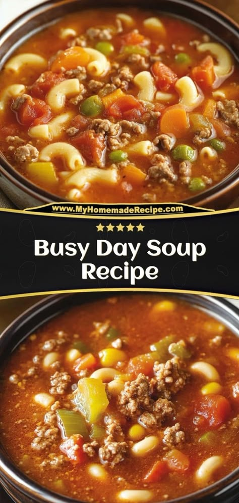 Busy Day Soup is an easy, comforting dish made with ground beef, veggies, and pasta. Perfect for when you need a quick, hearty meal! Ingredients: 1 lb ground beef, cooked 4 cups beef broth 1 cup mixed frozen vegetables 1 cup pasta (such as ditalini or macaroni) Serve this soup for a simple, delicious dinner on busy nights Busy Night Soup, Cheap Vegetable Soup, Soup Using Half And Half, Vegetable Macaroni Soup, Crockpot Vegetable Soup With Noodles, Poor Mans Soup Ground Beef, Sirloin Soup Recipe, Vegetable Soup With Ground Beef And Noodles, Veggie Soup With Pasta