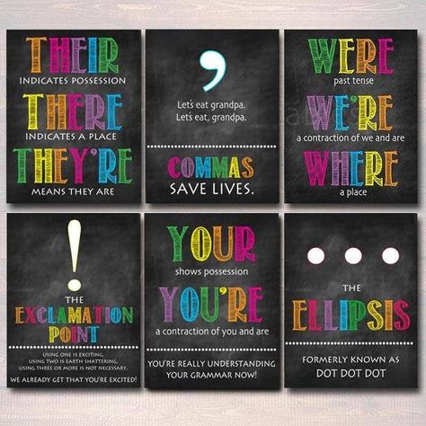 7th Grade English Classroom Decorations, Set Classroom, Middle School English Classroom, Punctuation Posters, Teacher Job, Grammar Punctuation, English Classroom Decor, Chalkboard Classroom, Teacher Printables