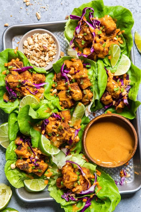 Crispy Peanut Butter Tofu Lettuce Wraps Peanut Butter Savory, Crispy Tofu With Peanut Sauce, Vegan Tofu Lettuce Wraps, Tempeh Lettuce Wraps, Plant Based Lettuce Wraps, Peanut Sauce Tofu Bowl, Healthy Tofu Recipes Clean Eating, Tofu Salads, Healthy Vegan Lunches