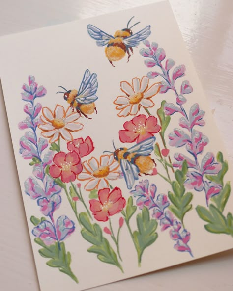 Three little bees 🐝 are on their way to a new home! 📣Mini Original Paintings are available right now for custom order!!! The offer is available until the end of August so grab yours whilst there are still spaces left! #gouachepainting #customart #commissionpainting #flowerpainting #illustration Flowers With Bees Drawing, My Tiny Illustrations, Cool Art Activities, Bees And Flowers Drawing, Yarn Painting Ideas, Painting Journal Covers, Fun Watercolor Paintings, Paintings For Teachers, Animal Art Easy