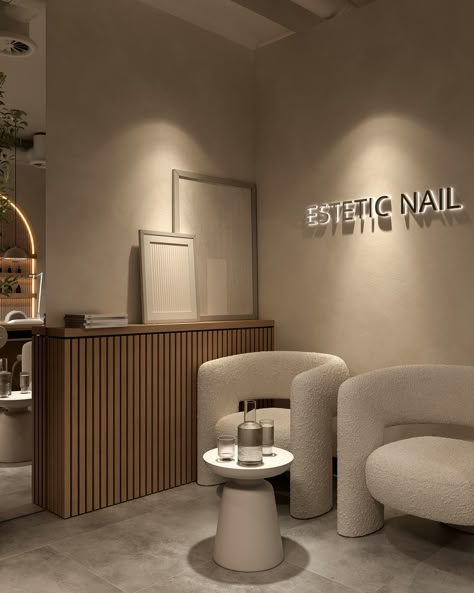 Nail Salon, Belgorod Accent Wall Nail Salon, Beige Beauty Salon, Salon Interior Design Black, Brow Salon Ideas, Nail Room Ideas Home, Nail Studio Ideas, Nail Studio Decor, Modern Nail Salon, Luxury Nail Salon