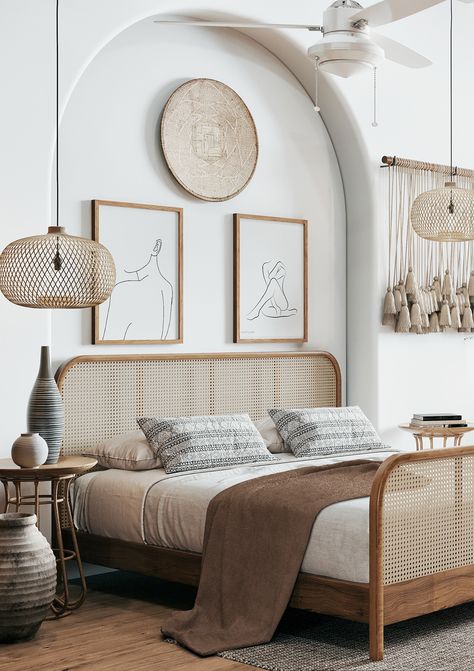 Boho Modern Master Room Bedroom Ideas, Rattan Bedroom, Bed Headboard Design, Bed Design Modern, Interior Trend, Decoration Design, 인테리어 디자인, Interior Architecture Design, Bed Design