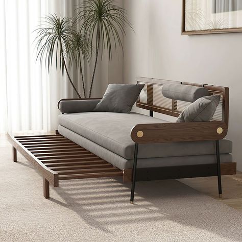 Hernest | 79.5" Modern Ash Solid Wood 4 Seater Sofa Convertible Pull Out Sofa Beds with Tech Fabric Cushion and Four Pillows, Rattan Back Design Couches Sofa Cum Bed Design Modern, Sofa Cum Bed Design, Indian Sofa, Wood Frame Sofa, Sofa Cum Bed, Sofa Convertible, Bungalow Interiors, Sofa Wood Frame, Tv Area