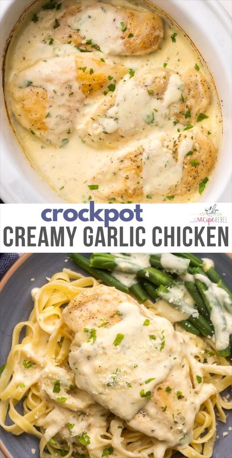 Indulge in the rich flavors of this creamy garlic chicken delight, effortlessly prepared in your slow cooker. Perfect for busy days, this dish combines tender chicken with a luscious garlic-infused sauce that will have your taste buds dancing. Just set it and forget it, and come home to a comforting meal that feels like a warm hug. Ideal for family dinners or impressing guests with minimal effort, this recipe is a must-try for garlic lovers and comfort food enthusiasts alike. Best Crock Pot Meals Healthy, Raw Chicken Crockpot Recipes, Quick Crockpot Chicken Recipes 2 Hours, Crock Pot Creamy Garlic Chicken, Crockpot Chicken With Noodles, Slow Cooker Chicken And Gravy Crock Pots, Chicken Crockpot Recipes With Heavy Cream, Chicken Cheese Crockpot Recipes, Meal Ideas For Dinner Families Crock Pot