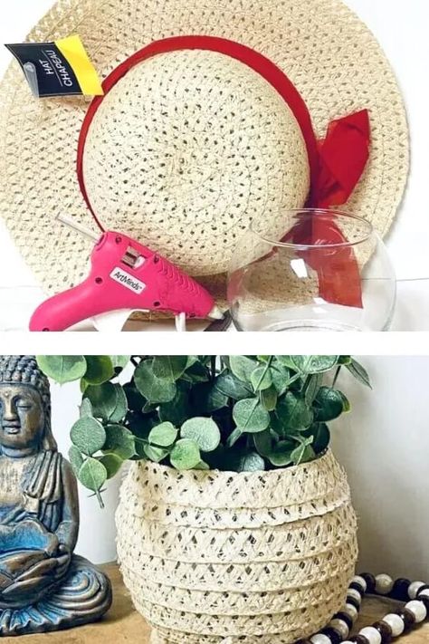 Learn how to make a boho planter with an upcycled wicker hat you can get at the dollar tree. Cheap and easy quick boho planter diy tutorial. #boho #budgetdecor #bohoplanter Diy Boho Vase Ideas, Boho Dollar Store Diy Bedroom, Boho Dollar Tree Decor, Diy Boho Gifts, Diy Boho Office Decor, Dollar Store Boho Diy, Boho Dollar Tree Diy, Diy Boho Planters, Diy Boho Farmhouse Decor