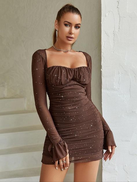 Women's Glitter Contrast Mesh Long Sleeve Ruched Mini Bodycon Dress, Summer Outfits 2024, Lady Comfort Elegant Square Neck Lettuce Trim Short Tight Dresses for Party Dinner Holiday Milkmaid Dress, Womenswear, Birthday Dress for Women Casual Hoco Inspo, Black Sequin Mini Dress, Sparkly Mini Dress, Flare Sleeve Dress, Backless Mini Dress, Mini Dresses For Women, Sequin Mini, Sequin Mini Dress, Long Sleeve Mini