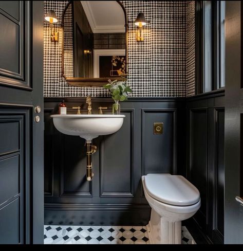 Interior Toilet Design, Victorian Home Ideas Interior, Powder Bath Sink Ideas, Small Moody Master Bath, Bathroom Interior Design Wallpaper, Moody Bathroom Wainscotting, Best Powder Rooms, Cool Half Bathroom Ideas, Midcentury Powder Room Ideas