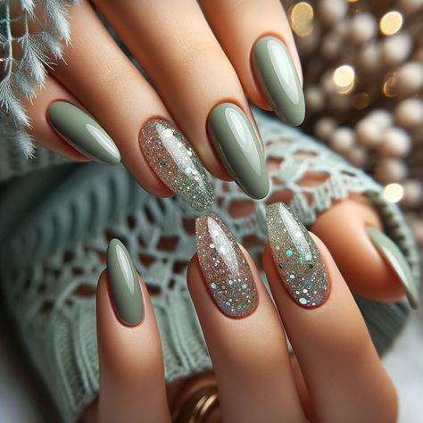 Sage Green And Dusty Blue Nails, Winter Polygel Nails, Nail Green Design, Green Gel X Nails, Sage Nails Design, Nail Ideas Green, Nail Designs Green, Green Nail Art Designs, Nail Art Green