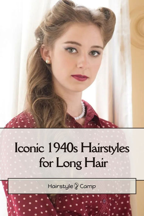 40s Long Hairstyle 1930 Womens Hairstyles, Long 1950s Hairstyles, Long Hair 1940’s Style, Hairstyles In 40s, Old Lady Long Hairstyles, Retro Long Hairstyles, Easy Retro Hairstyles For Long Hair, 1940s Long Hair, Over 50 Hairstyles For Women Long